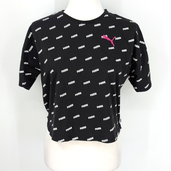 PUMA Black White Pink Logo Crew Neck Short Sleeve Crop Top Baby Tee Tshirt Small - Picture 1 of 4